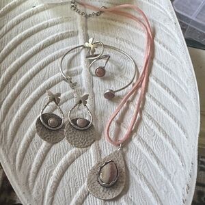 Handcrafted Pink Lace Agate Stone Silver-Tone Necklace & Earring Set